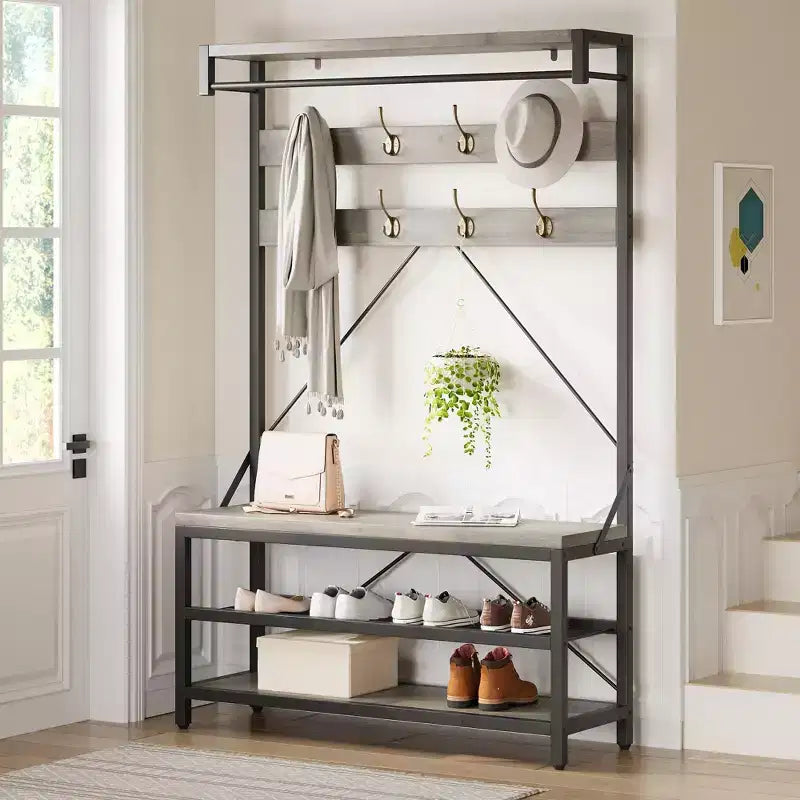 Appendiabiti industriale con scarpiera e panca, 101,3 x 39,9 x 182,9 cm, con mensola portaoggetti, 8 ganci, asta appendiabiti - Organizer per ingresso effetto legno