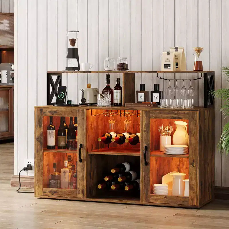 Mobile Bar da Cucina, Credenza Mobile Bar Indipendente, con Armadietto Contenitore, Portabottiglie e Portabicchieri