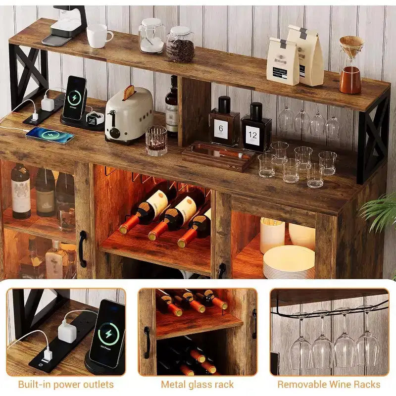 Mobile Bar da Cucina, Credenza Mobile Bar Indipendente, con Armadietto Contenitore, Portabottiglie e Portabicchieri