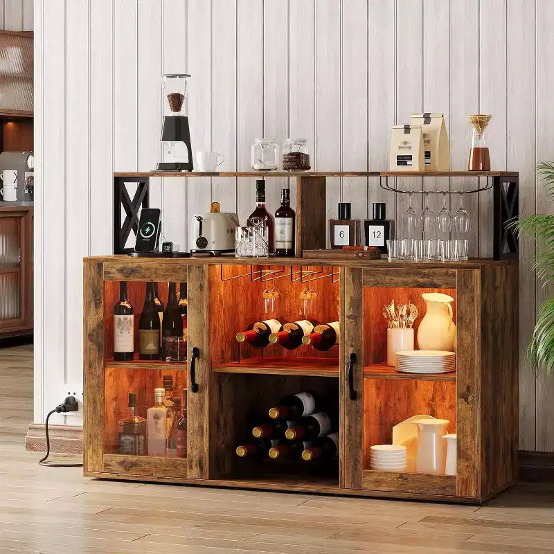 Mobile Bar da Cucina, Credenza Mobile Bar Indipendente, con Armadietto Contenitore, Portabottiglie e Portabicchieri