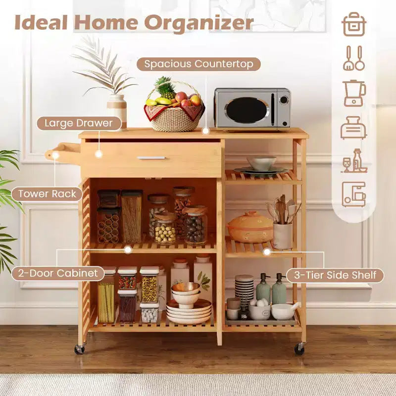 Carrello da Cucina Isola da 35,5" con Ruote Bloccabili Cassetto Ripiani Aperti Portasciugamani