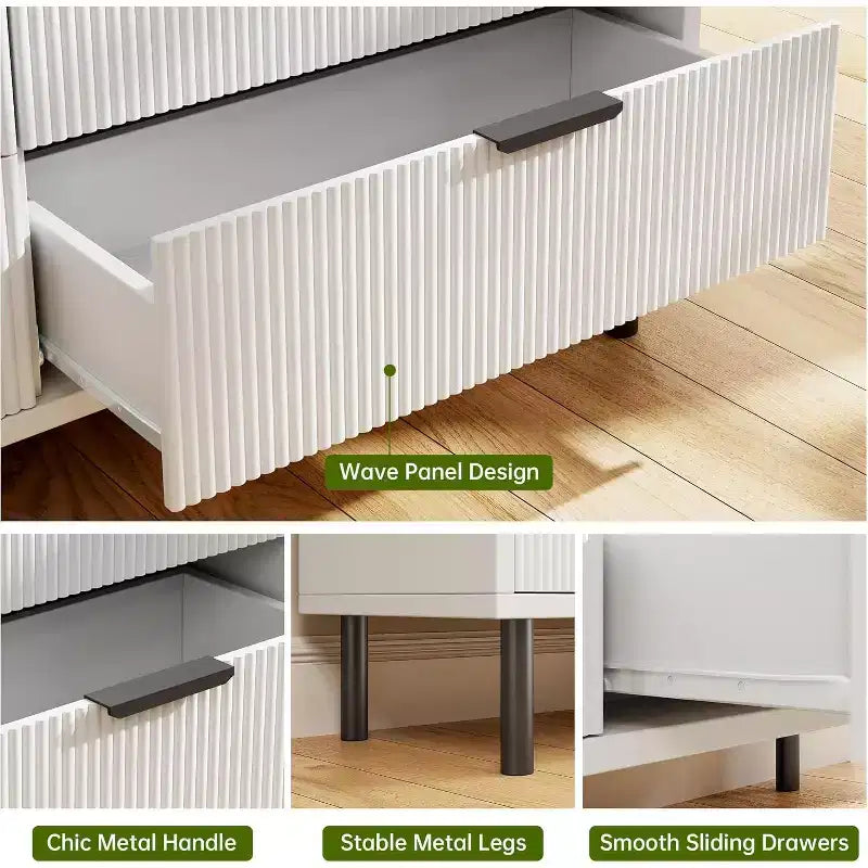Cassettiera bianca a 6 cassetti con scanalature, cassettiera doppia in legno larga con gambe e maniglie in metallo, cassettiera moderna con design antiribaltamento