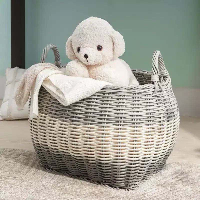 Zita Cesto portatutto rotondo in resina intrecciata in vimini con manici - 18 x 18 x 15,7 - Bianco-Grigio - Per asciugamani