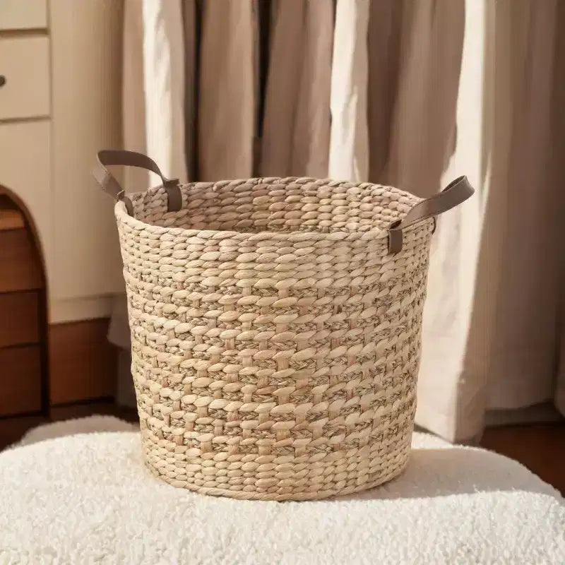 Zita Cesto portatutto rotondo in resina intrecciata in vimini con manici - 18 x 18 x 15,7 - Bianco-Grigio - Per asciugamani