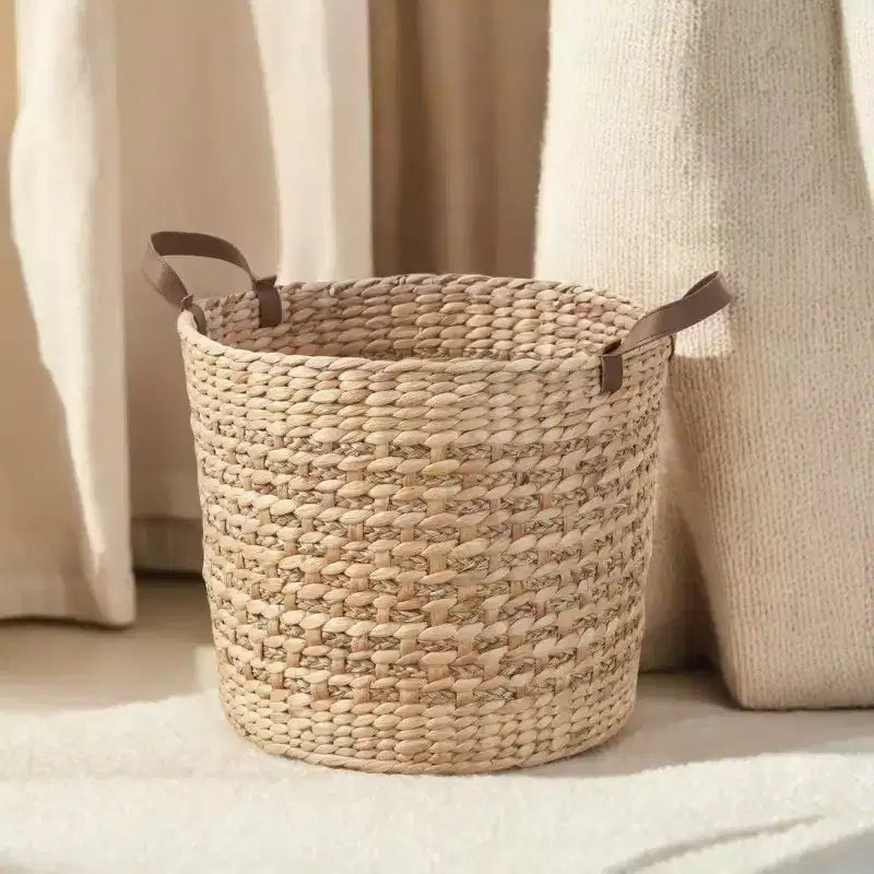 Zita Cesto portatutto rotondo in resina intrecciata in vimini con manici - 18 x 18 x 15,7 - Bianco-Grigio - Per asciugamani