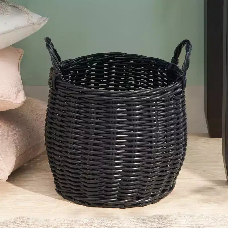 Zita Cesto portatutto rotondo in resina intrecciata in vimini con manici - 18 x 18 x 15,7 - Bianco-Grigio - Per asciugamani