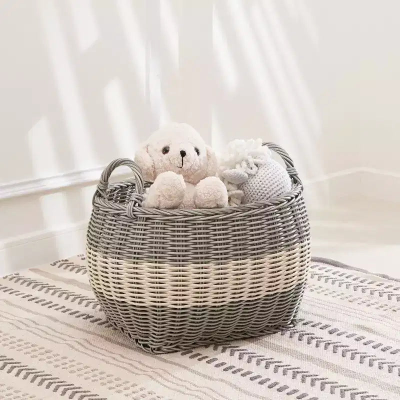 Zita Cesto portatutto rotondo in resina intrecciata in vimini con manici - 18 x 18 x 15,7 - Bianco-Grigio - Per asciugamani