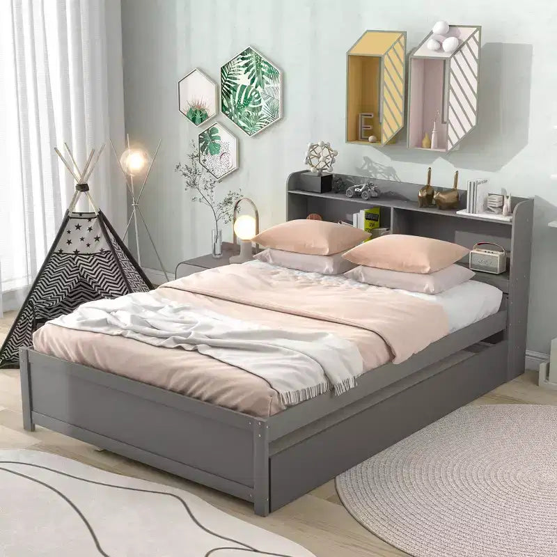 Letto Matrimoniale con Secondo Letto Estraibile, Libreria, Grigio