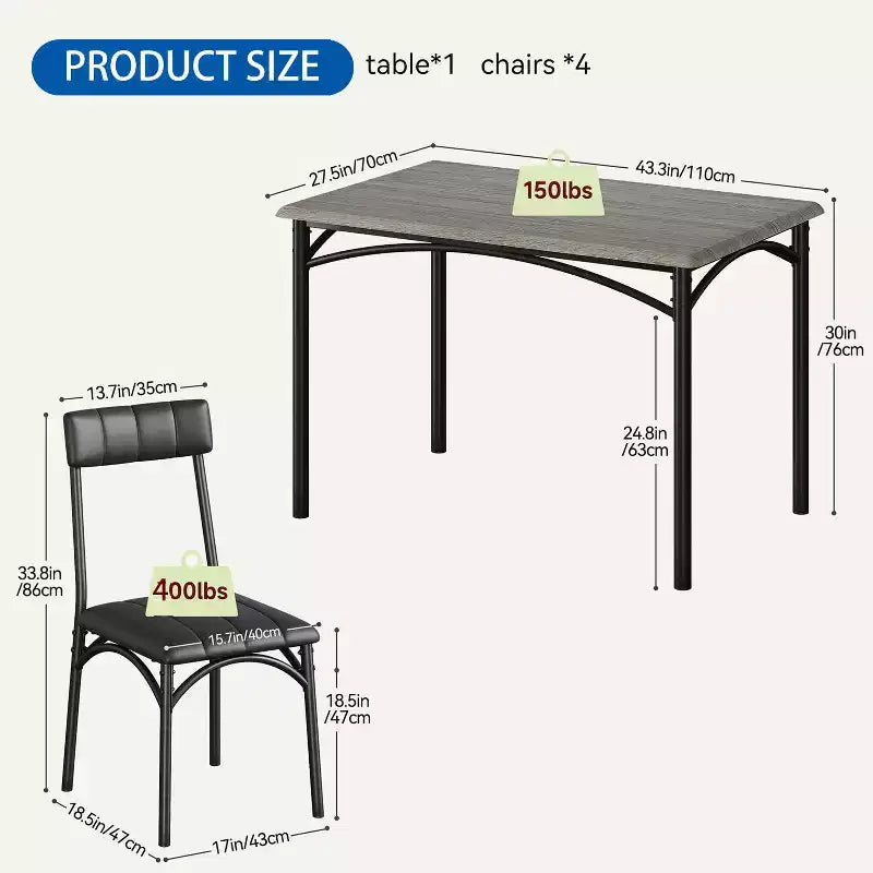 Set tavolo da cucina rettangolare 5 pezzi, con sedie imbottite