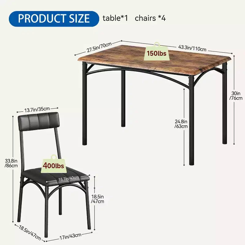 Set tavolo da cucina rettangolare 5 pezzi, con sedie imbottite