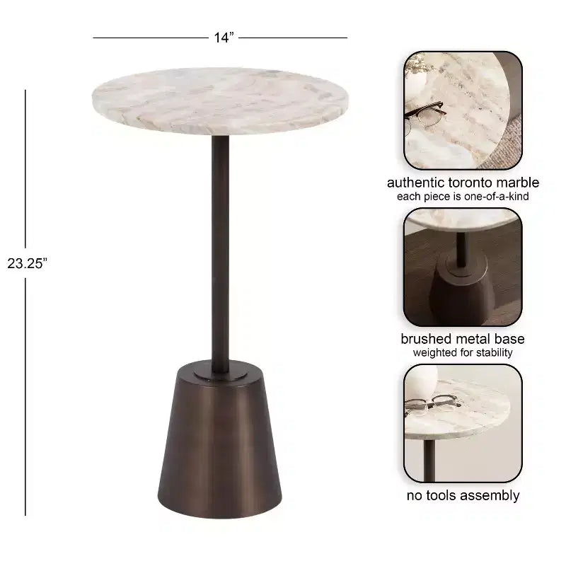 Tavolino rotondo in marmo e metallo, marrone, 35,5x35,5x61 cm