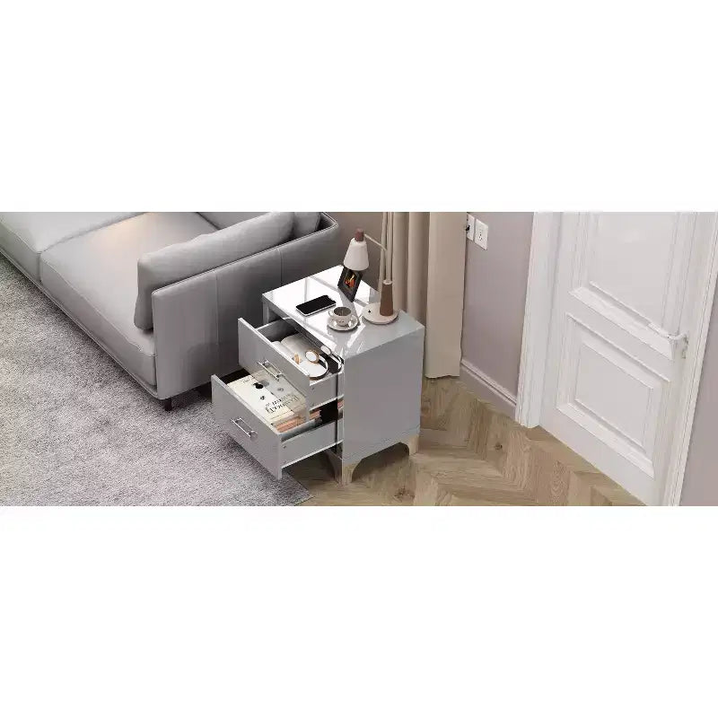 Comodino moderno elegante lucido a specchio con 2 cassetti e inserti a specchio per camera da letto o soggiorno