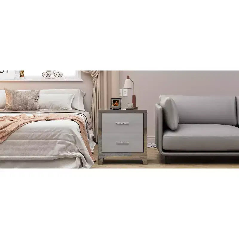 Comodino moderno elegante lucido a specchio con 2 cassetti e inserti a specchio per camera da letto o soggiorno