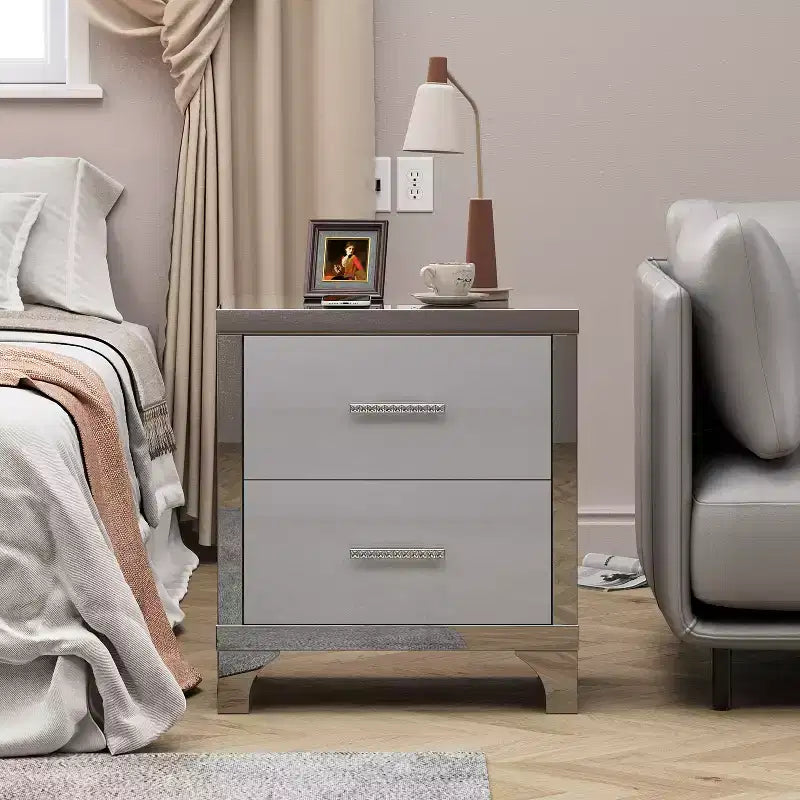 Comodino moderno elegante lucido a specchio con 2 cassetti e inserti a specchio per camera da letto o soggiorno