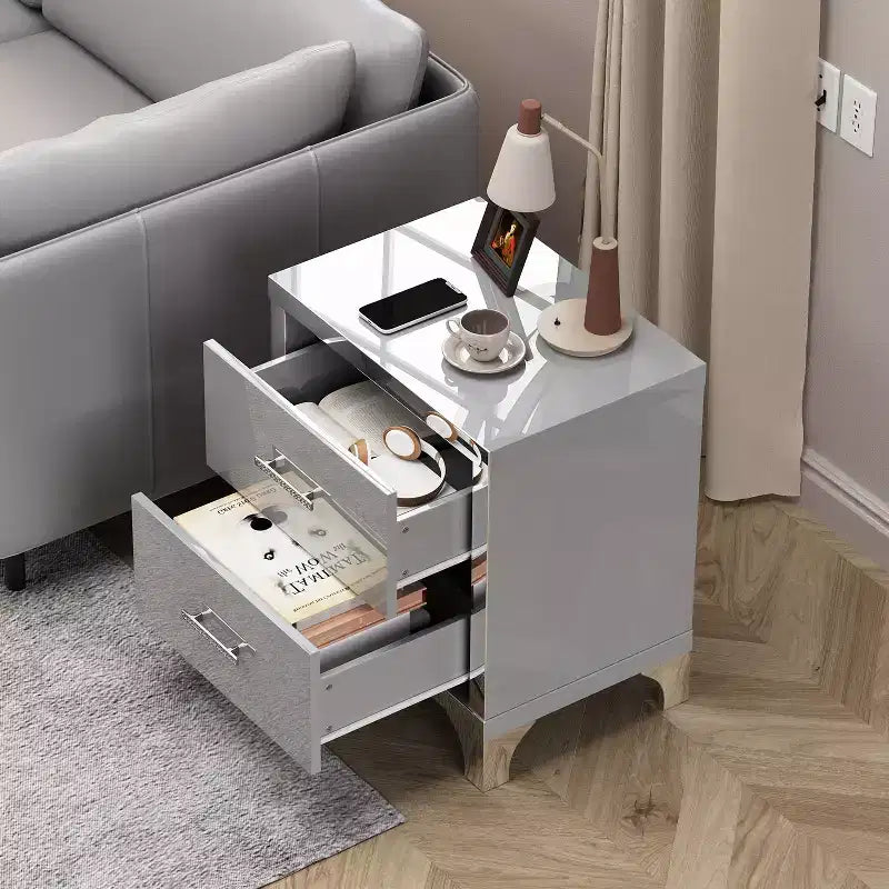 Comodino moderno elegante lucido a specchio con 2 cassetti e inserti a specchio per camera da letto o soggiorno