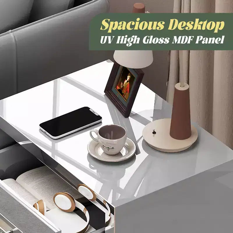 Comodino moderno elegante lucido a specchio con 2 cassetti e inserti a specchio per camera da letto o soggiorno