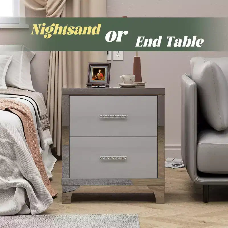 Comodino moderno elegante lucido a specchio con 2 cassetti e inserti a specchio per camera da letto o soggiorno