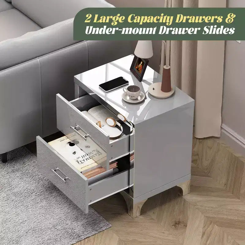Comodino moderno elegante lucido a specchio con 2 cassetti e inserti a specchio per camera da letto o soggiorno