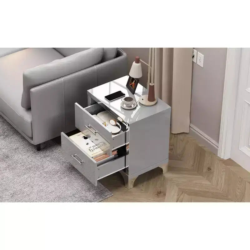 Comodino moderno elegante lucido a specchio con 2 cassetti e inserti a specchio per camera da letto o soggiorno