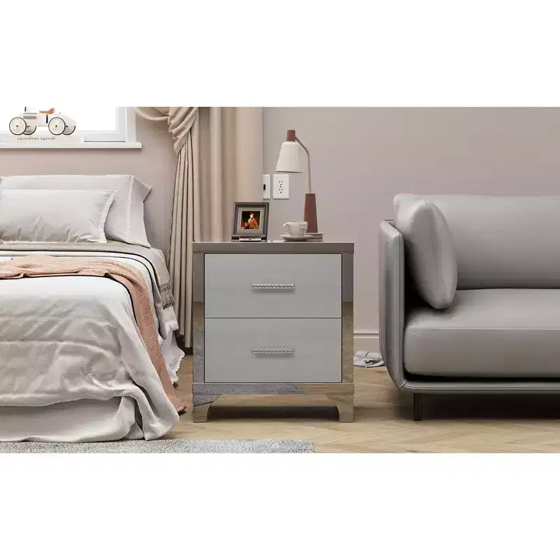 Comodino moderno elegante lucido a specchio con 2 cassetti e inserti a specchio per camera da letto o soggiorno