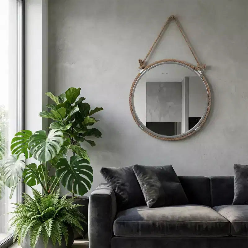 Round Wall Mirror with Coastal Rope Frame for Bedroom Decor - Metal and Glass Wall Decor for Hallway, Entryway, and Living Room - 31, Brown & Silver