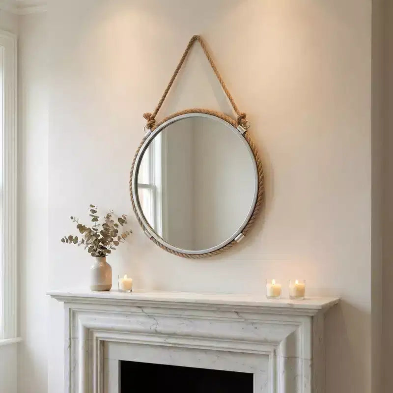 Specchio da parete rotondo con cornice in corda stile costiero per camera da letto - Decorazione da parete in metallo e vetro per corridoio, ingresso e soggiorno - 31, Marrone e Argento