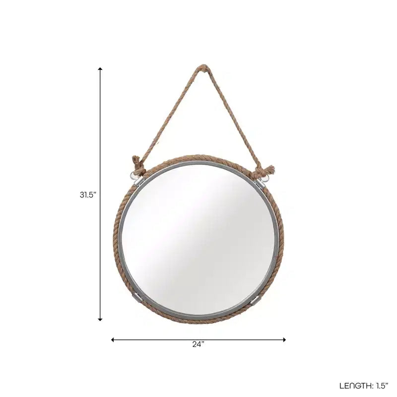Specchio da parete rotondo con cornice in corda stile costiero per camera da letto - Decorazione da parete in metallo e vetro per corridoio, ingresso e soggiorno - 31, Marrone e Argento