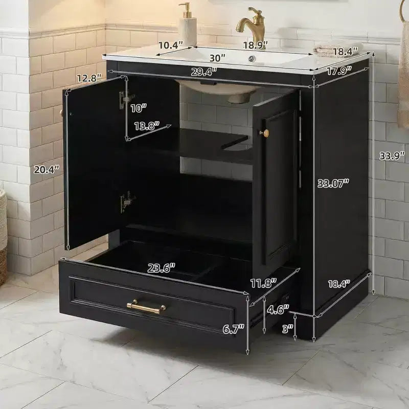 Mobile Bagno da 76 cm con Lavabo in Ceramica, Struttura in Legno Massello e 2 Ante a Chiusura Ammortizzata