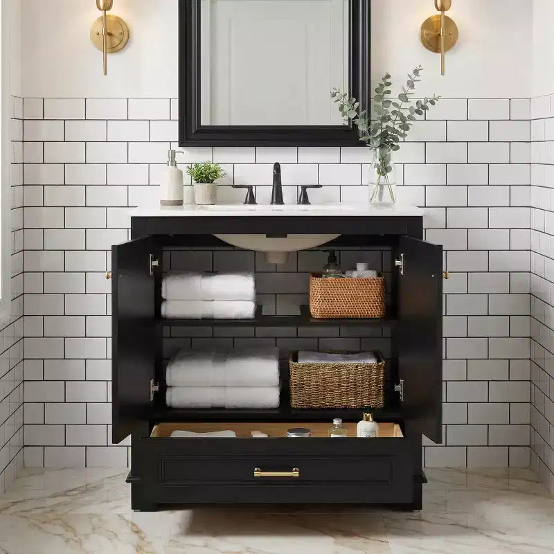 Mobile Bagno da 76 cm con Lavabo in Ceramica, Struttura in Legno Massello e 2 Ante a Chiusura Ammortizzata