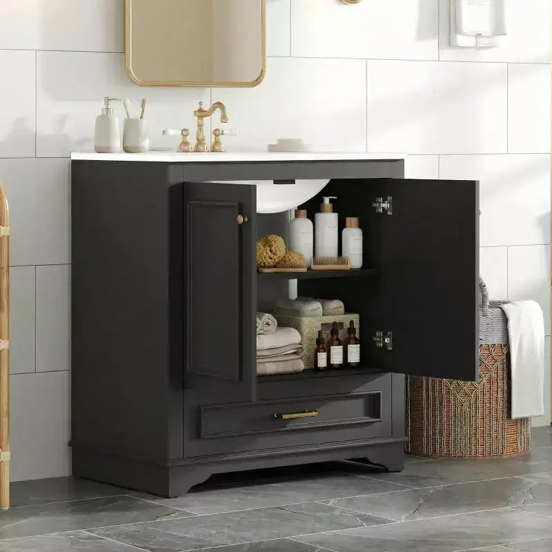 Mobile Bagno da 76 cm con Lavabo in Ceramica, Struttura in Legno Massello e 2 Ante a Chiusura Ammortizzata