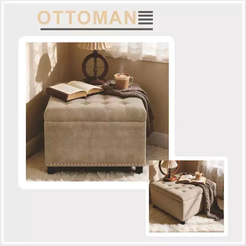Pouf Quadrato Contenitore Sapir Rivestito con Tufting e Borchie Decorative
