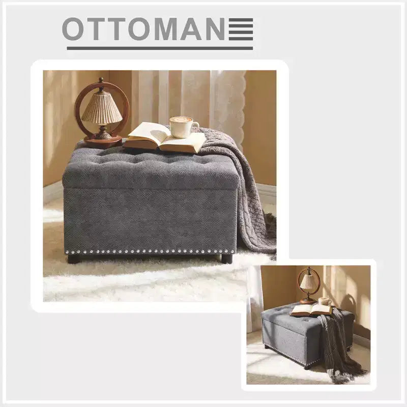 Pouf Quadrato Contenitore Sapir Rivestito con Tufting e Borchie Decorative