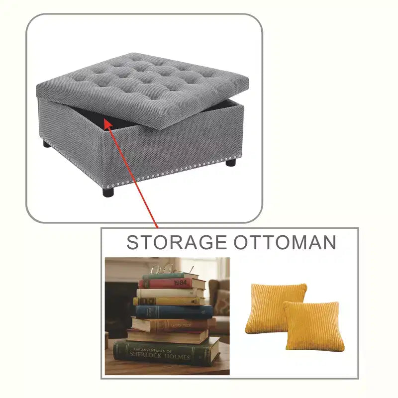 Pouf Quadrato Contenitore Sapir Rivestito con Tufting e Borchie Decorative