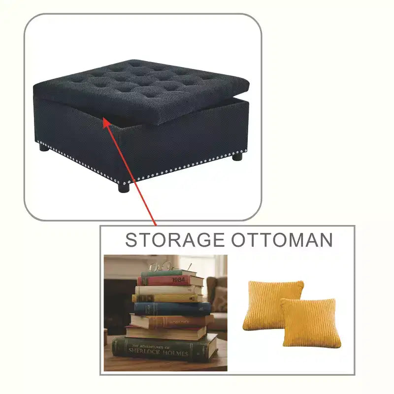 Pouf Quadrato Contenitore Sapir Rivestito con Tufting e Borchie Decorative