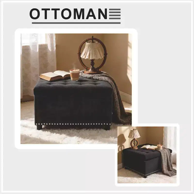 Pouf Quadrato Contenitore Sapir Rivestito con Tufting e Borchie Decorative