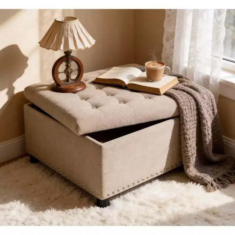 Pouf Quadrato Contenitore Sapir Rivestito con Tufting e Borchie Decorative