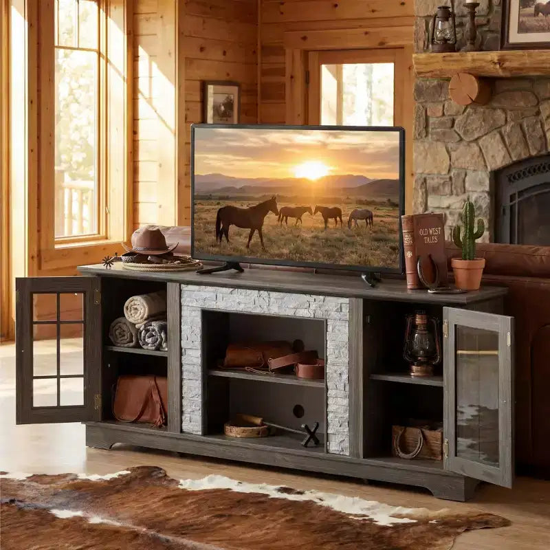 Mobile porta TV moderno grigio da 147 cm con 2 ante e finitura effetto pietra
