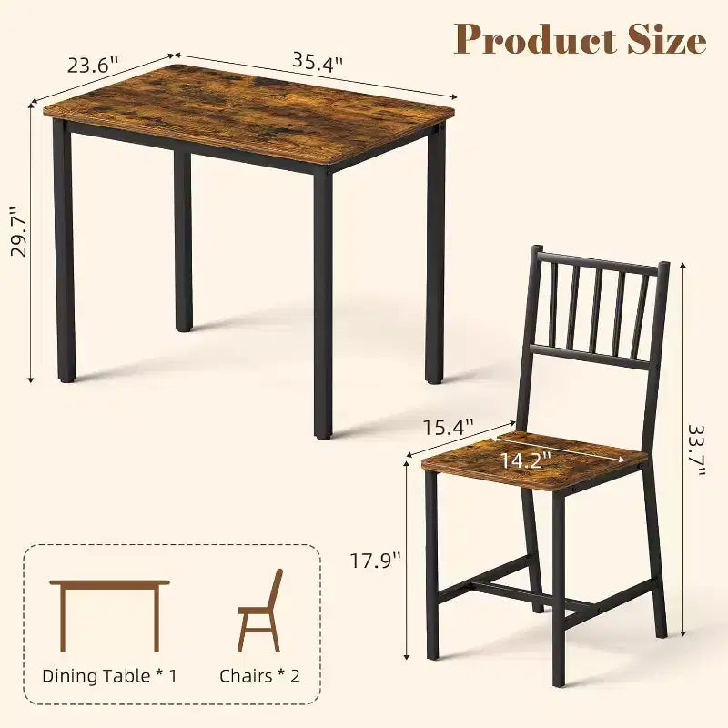 3-Piece Rectangular Dining Table Set for 2, Kitchen Table Set with 2 Chairs, Breakfast Nook Furniture for Kitchens, Dining Room, Brown