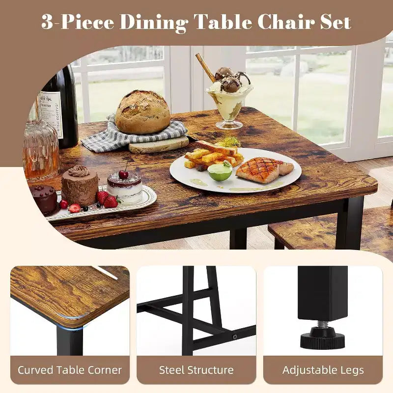 3-Piece Rectangular Dining Table Set for 2, Kitchen Table Set with 2 Chairs, Breakfast Nook Furniture for Kitchens, Dining Room, Brown