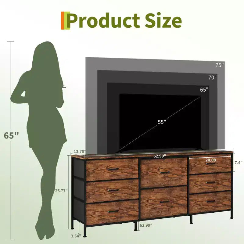 Mobile TV da 160 cm con 8 cassetti in tessuto, Centro Intrattenimento per TV da 45-65 pollici, Mobiletto Contenitore con Telaio in Metallo e Top in Legno per Soggiorno Camera da Letto