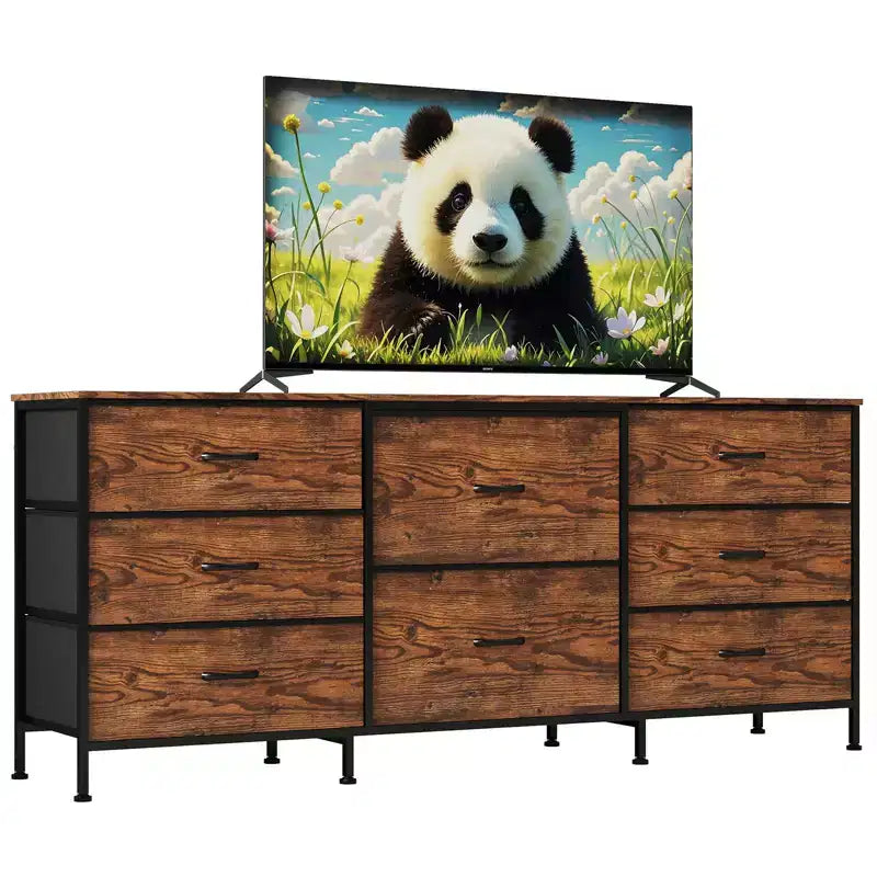 Mobile TV da 160 cm con 8 cassetti in tessuto, Centro Intrattenimento per TV da 45-65 pollici, Mobiletto Contenitore con Telaio in Metallo e Top in Legno per Soggiorno Camera da Letto