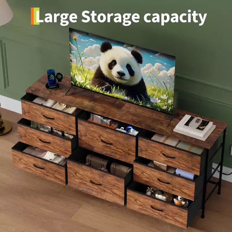 Mobile TV da 160 cm con 8 cassetti in tessuto, Centro Intrattenimento per TV da 45-65 pollici, Mobiletto Contenitore con Telaio in Metallo e Top in Legno per Soggiorno Camera da Letto