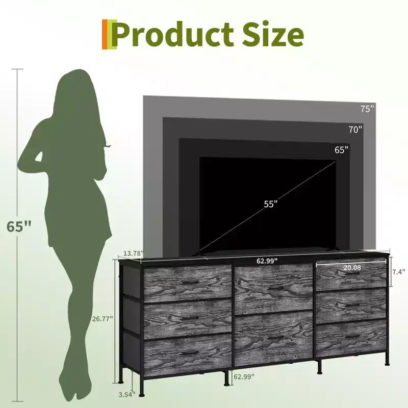 Mobile TV da 160 cm con 8 cassetti in tessuto, Centro Intrattenimento per TV da 45-65 pollici, Mobiletto Contenitore con Telaio in Metallo e Top in Legno per Soggiorno Camera da Letto