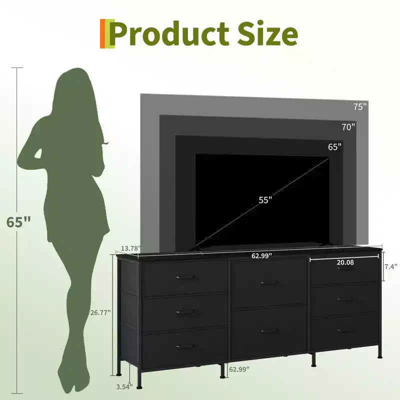 Mobile TV da 160 cm con 8 cassetti in tessuto, Centro Intrattenimento per TV da 45-65 pollici, Mobiletto Contenitore con Telaio in Metallo e Top in Legno per Soggiorno Camera da Letto