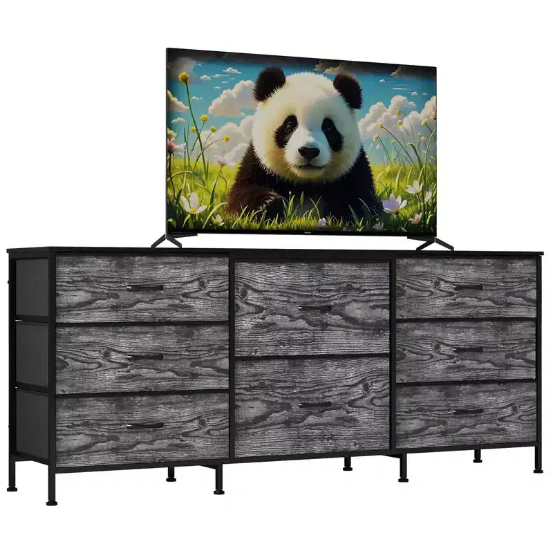Mobile TV da 160 cm con 8 cassetti in tessuto, Centro Intrattenimento per TV da 45-65 pollici, Mobiletto Contenitore con Telaio in Metallo e Top in Legno per Soggiorno Camera da Letto