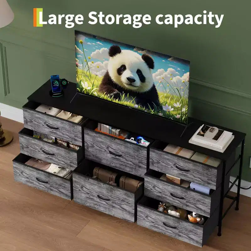 Mobile TV da 160 cm con 8 cassetti in tessuto, Centro Intrattenimento per TV da 45-65 pollici, Mobiletto Contenitore con Telaio in Metallo e Top in Legno per Soggiorno Camera da Letto