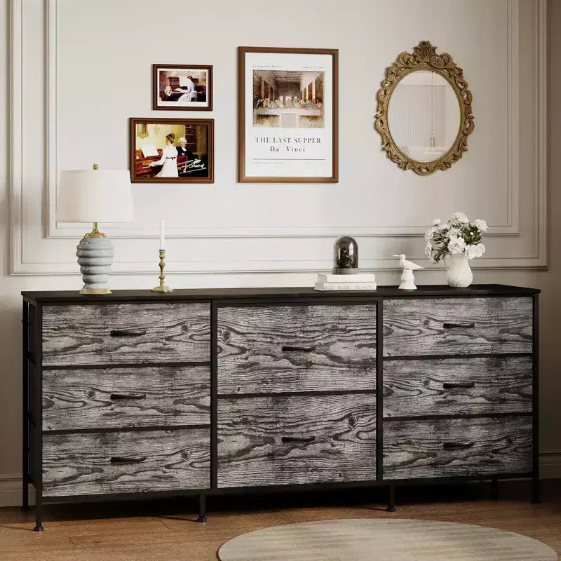 Mobile TV da 160 cm con 8 cassetti in tessuto, Centro Intrattenimento per TV da 45-65 pollici, Mobiletto Contenitore con Telaio in Metallo e Top in Legno per Soggiorno Camera da Letto