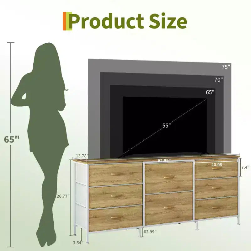 Mobile TV da 160 cm con 8 cassetti in tessuto, Centro Intrattenimento per TV da 45-65 pollici, Mobiletto Contenitore con Telaio in Metallo e Top in Legno per Soggiorno Camera da Letto