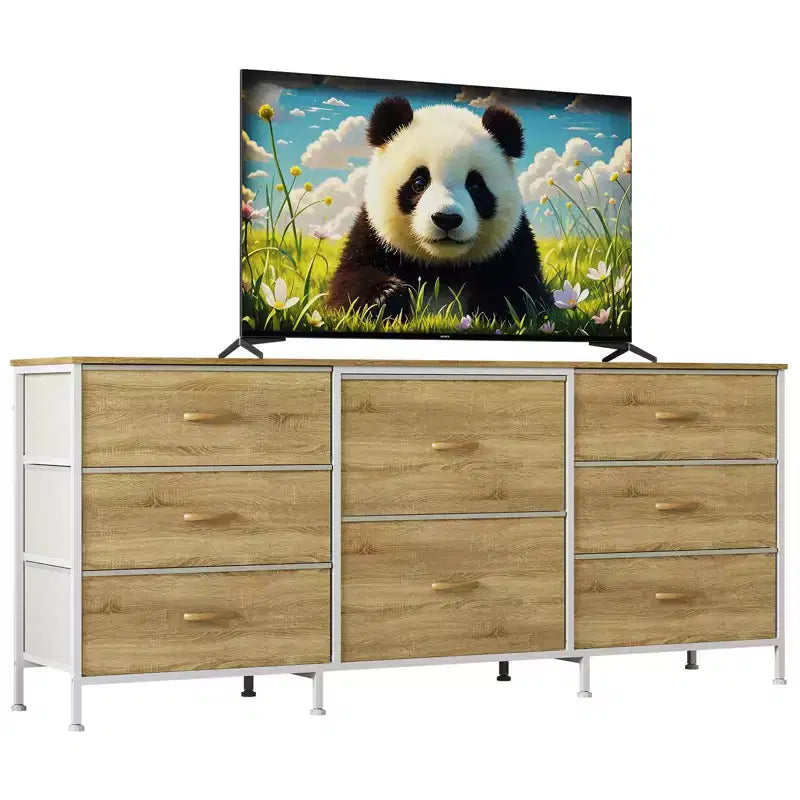 Mobile TV da 160 cm con 8 cassetti in tessuto, Centro Intrattenimento per TV da 45-65 pollici, Mobiletto Contenitore con Telaio in Metallo e Top in Legno per Soggiorno Camera da Letto