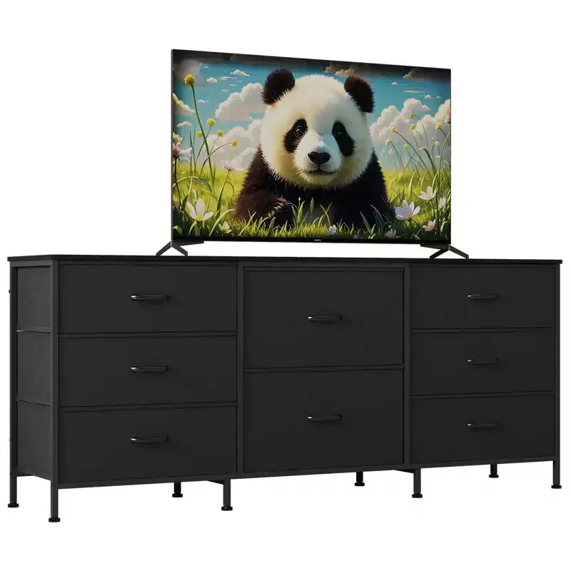 Mobile TV da 160 cm con 8 cassetti in tessuto, Centro Intrattenimento per TV da 45-65 pollici, Mobiletto Contenitore con Telaio in Metallo e Top in Legno per Soggiorno Camera da Letto